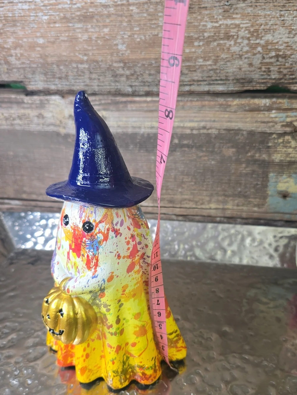 Hand-Painted Yellow Halloween Ghost Figurine with Blue Hat, NEW